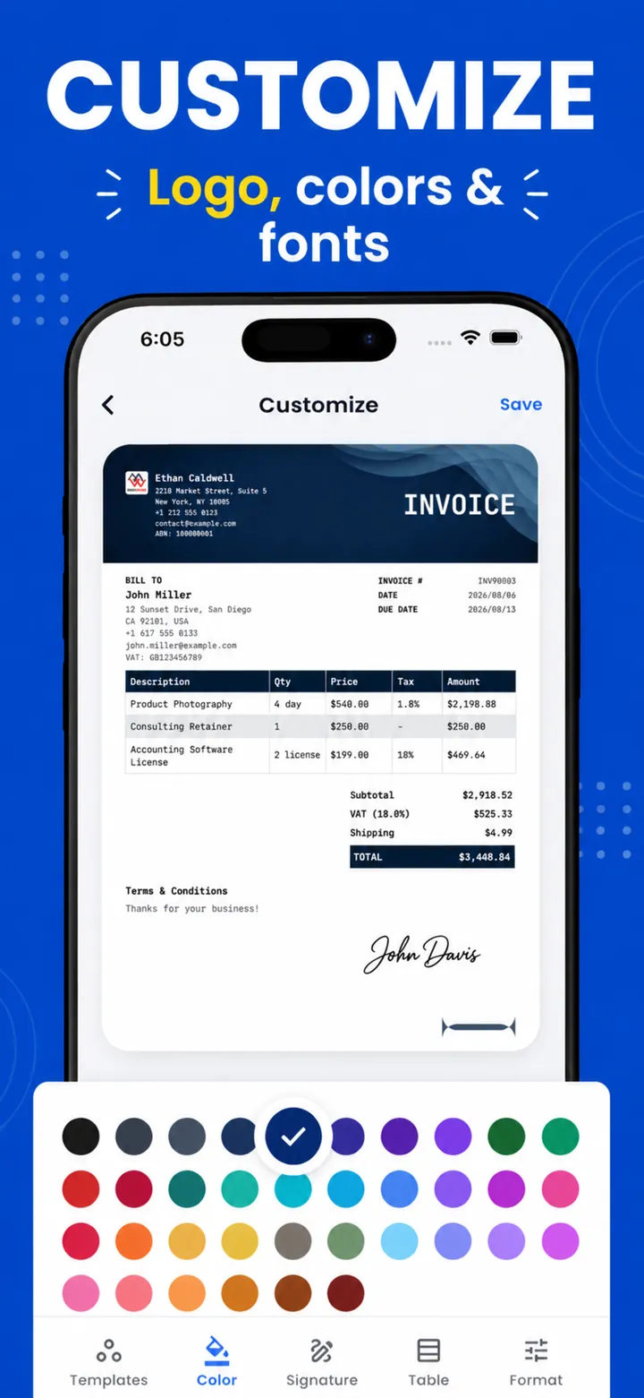 Customize invoice logo, brand colors and fonts in the PocketInvoice invoice maker app