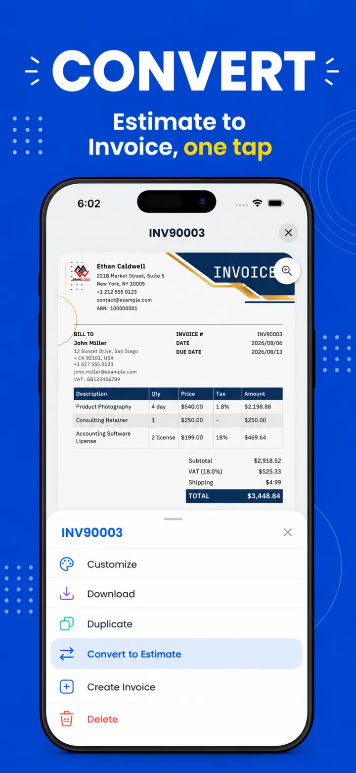 Convert an estimate to an invoice in one tap in the PocketInvoice app