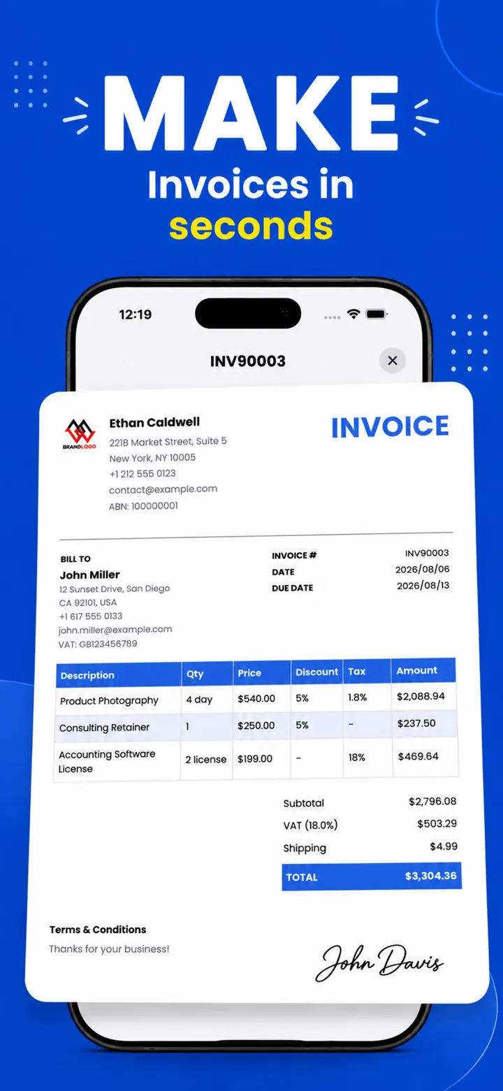 Make invoices in seconds with PocketInvoice — professional invoice with tax, discount and signature