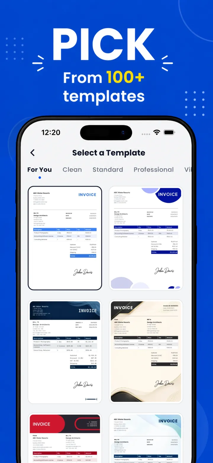 Pick from 100+ invoice templates in PocketInvoice — clean, standard and professional designs