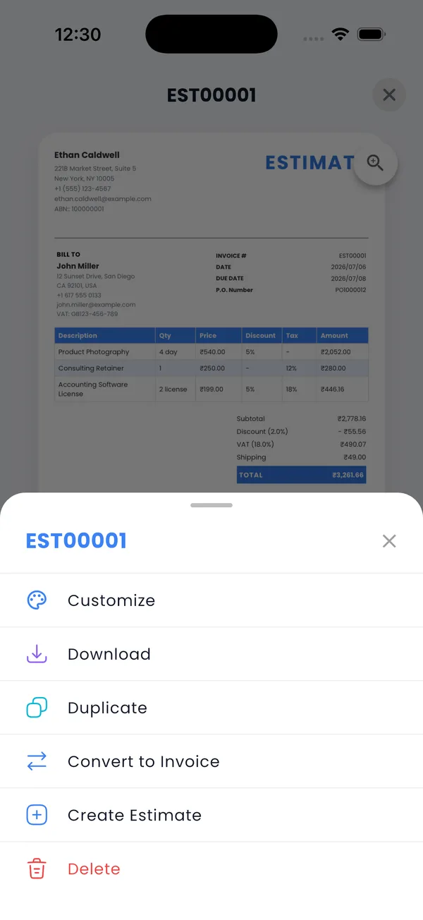 Estimate options in PocketInvoice with one-tap Convert to Invoice