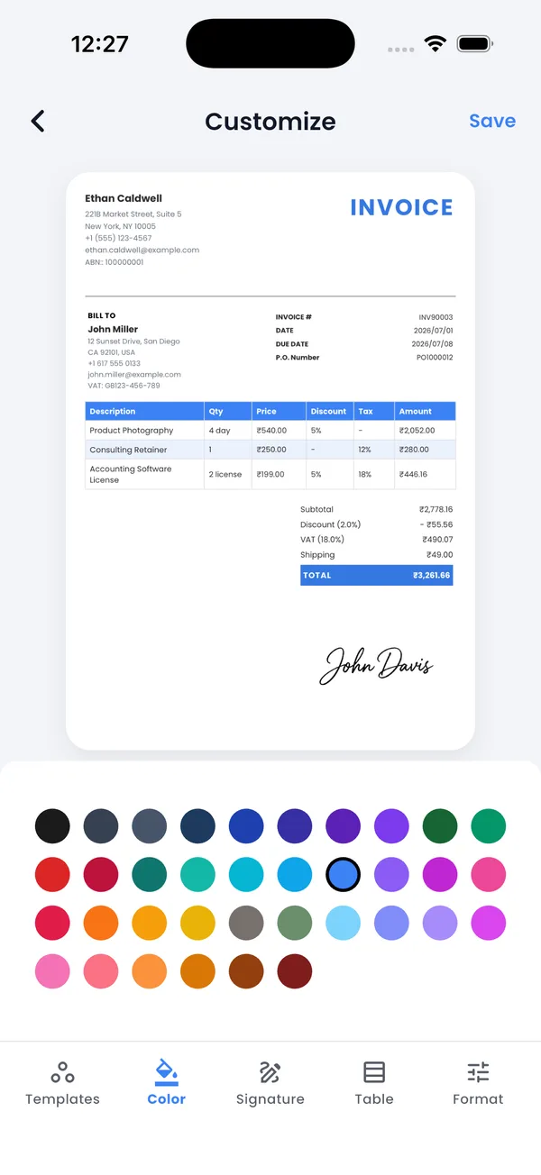 Customizing an invoice template with 36 brand colors, signature and table styles
