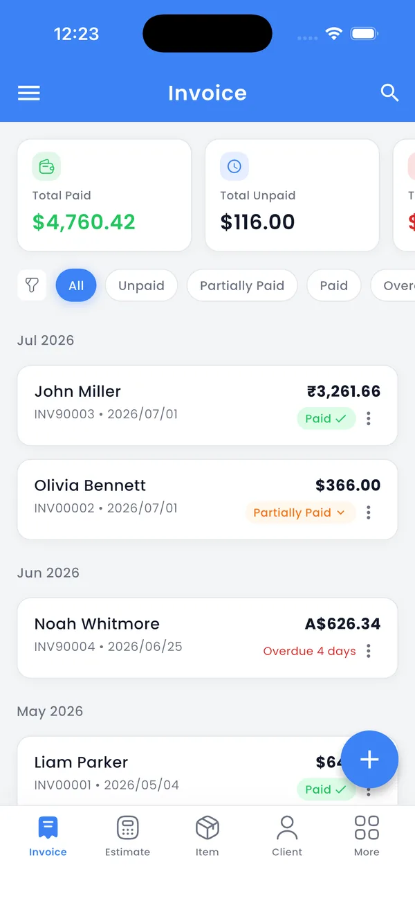 Free invoice maker app showing the invoice list with payment statuses and totals