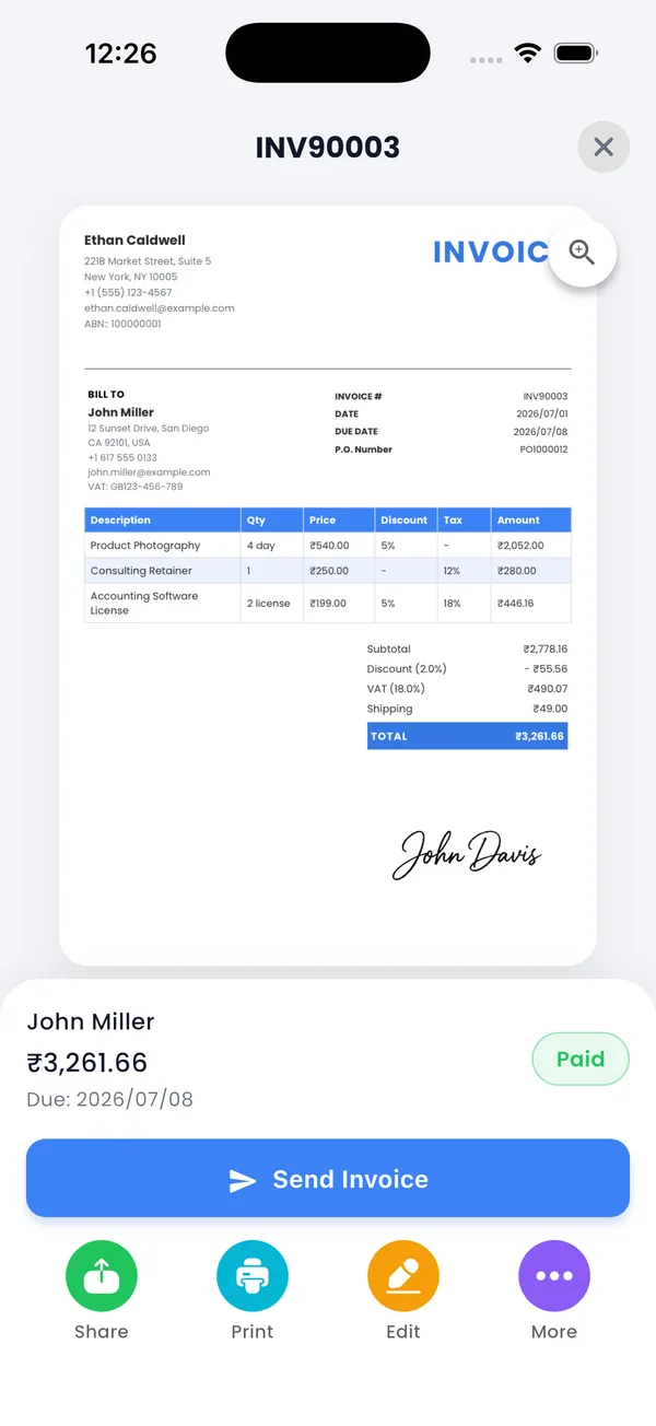 Sending a PDF invoice from a phone with share, print and edit options