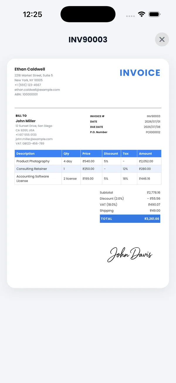 A finished professional invoice made with the PocketInvoice invoice maker