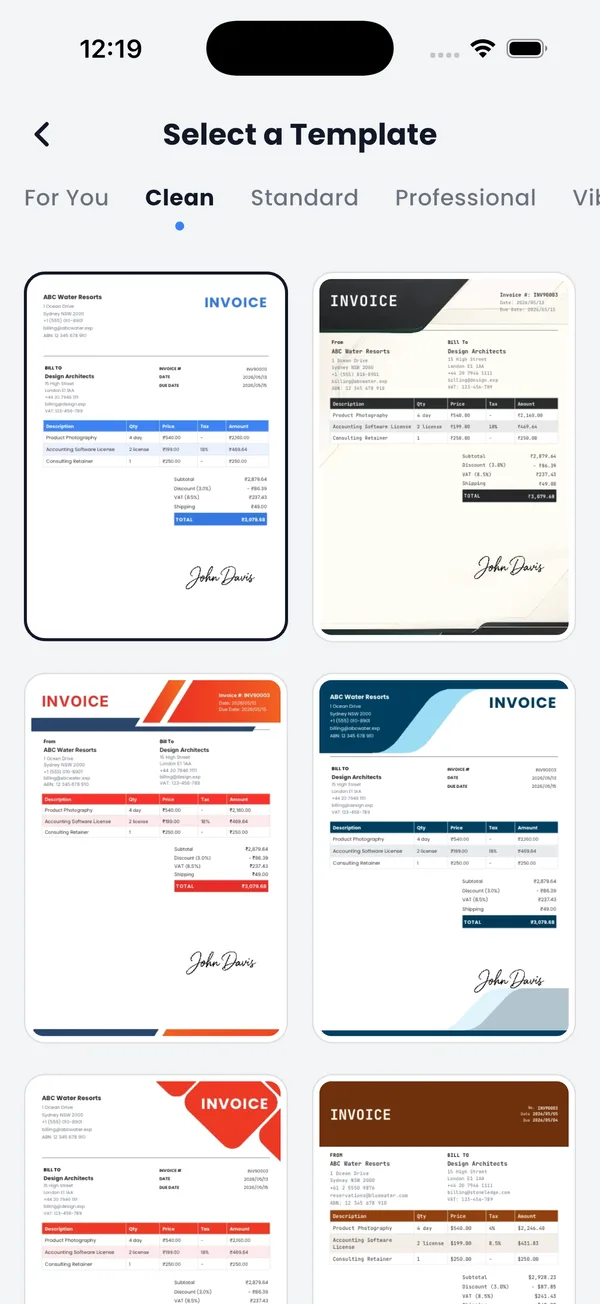 Invoice template gallery in PocketInvoice with Clean, Standard and Professional families
