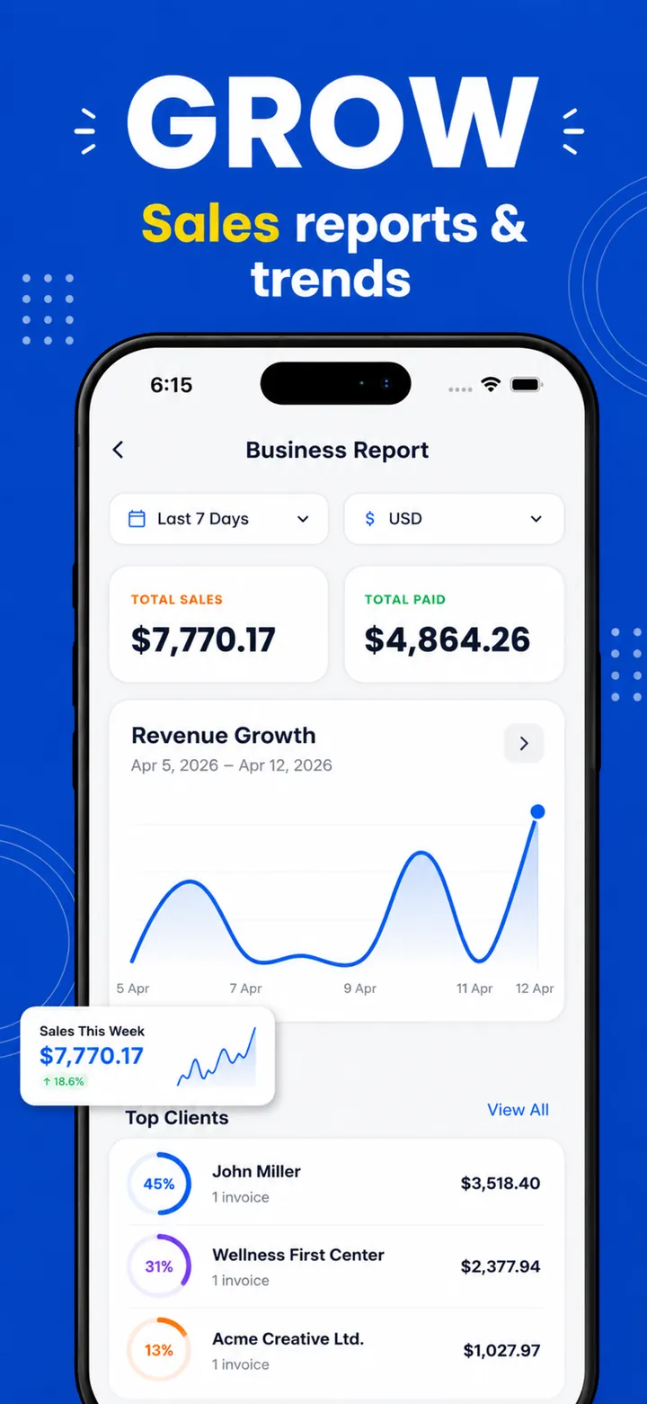 Business sales report with revenue growth chart and top clients in PocketInvoice