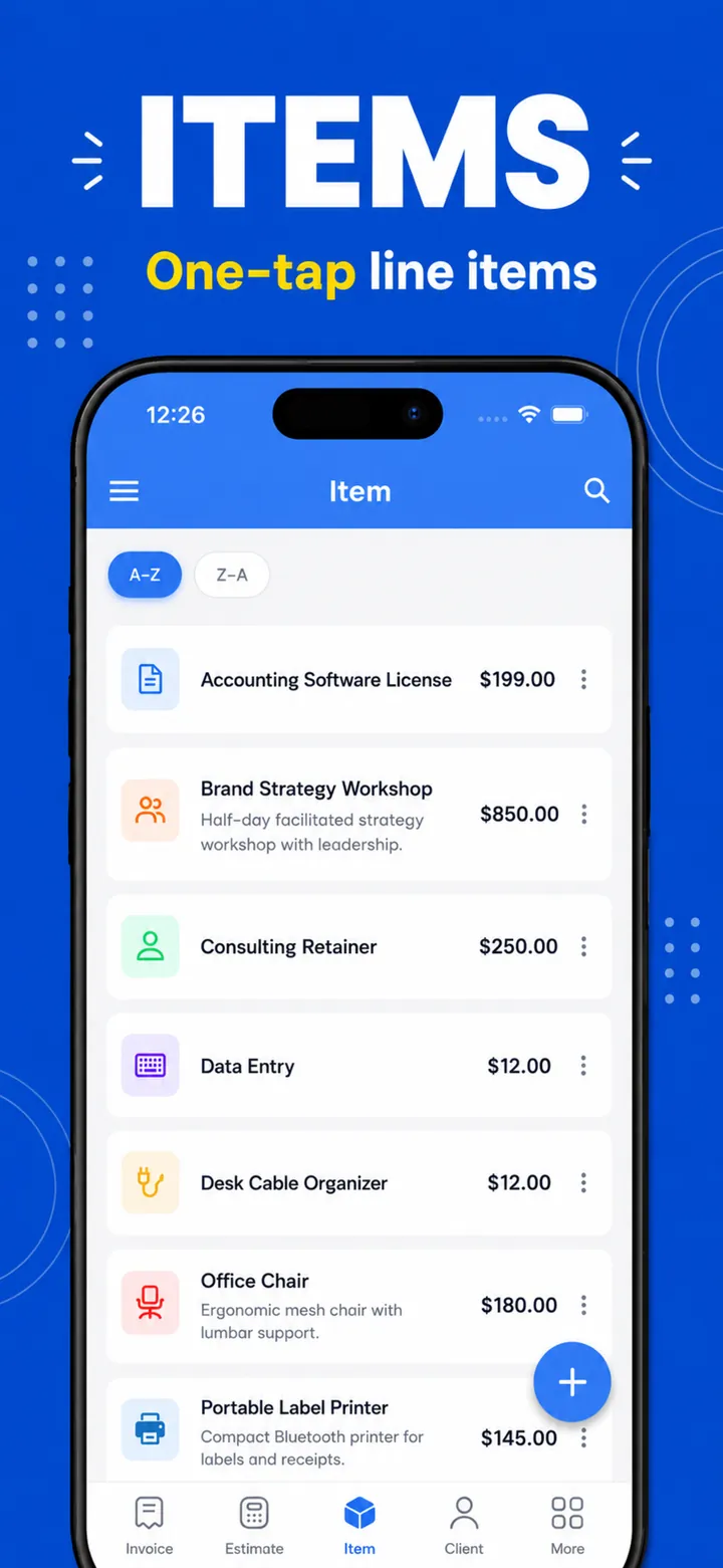 Save line items and prices once for one-tap invoicing in PocketInvoice