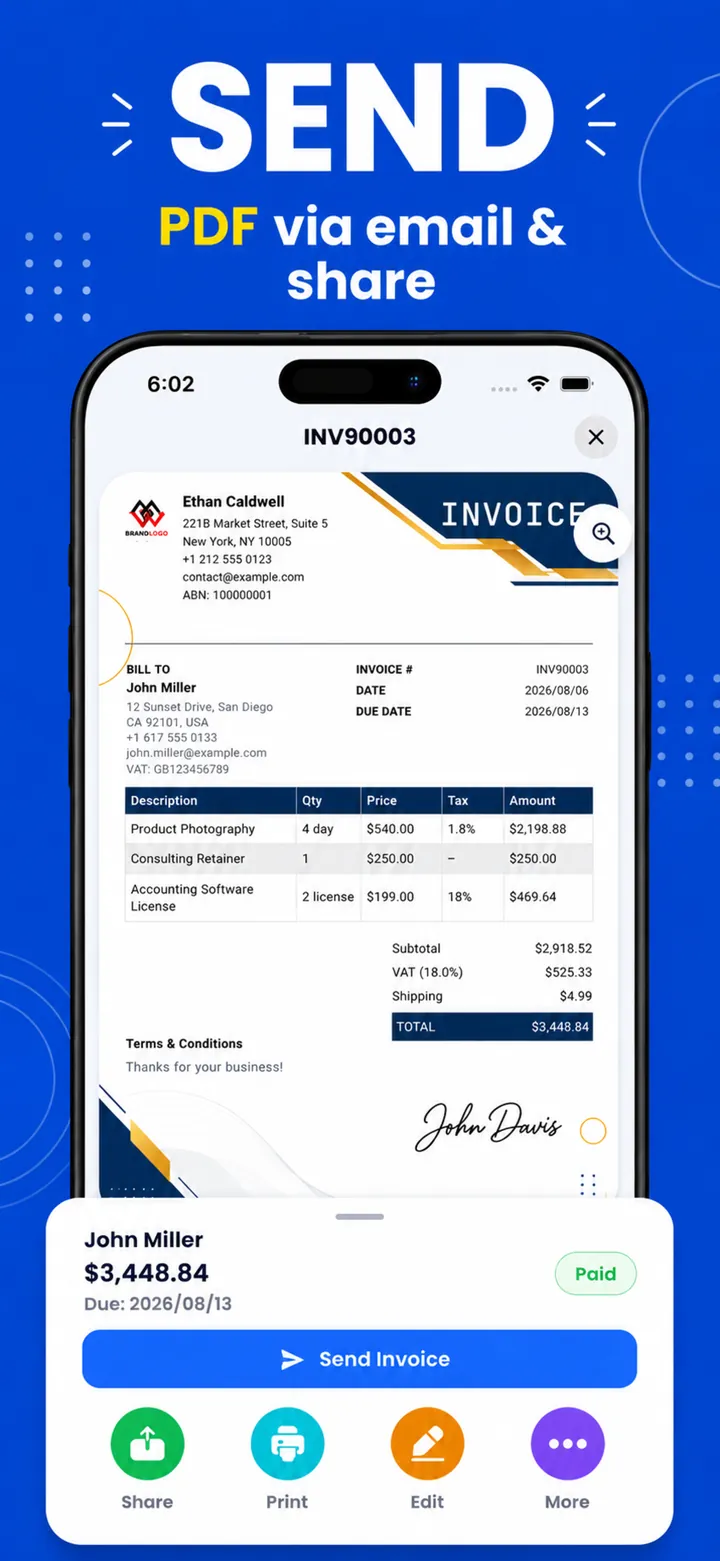 Send an invoice as a PDF by email, share or print it straight from your phone
