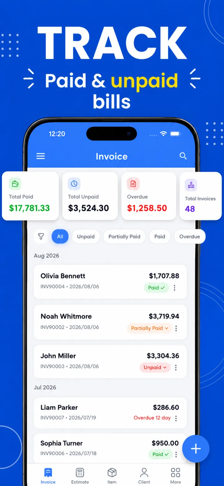 Track paid, unpaid and overdue invoices with running totals in PocketInvoice