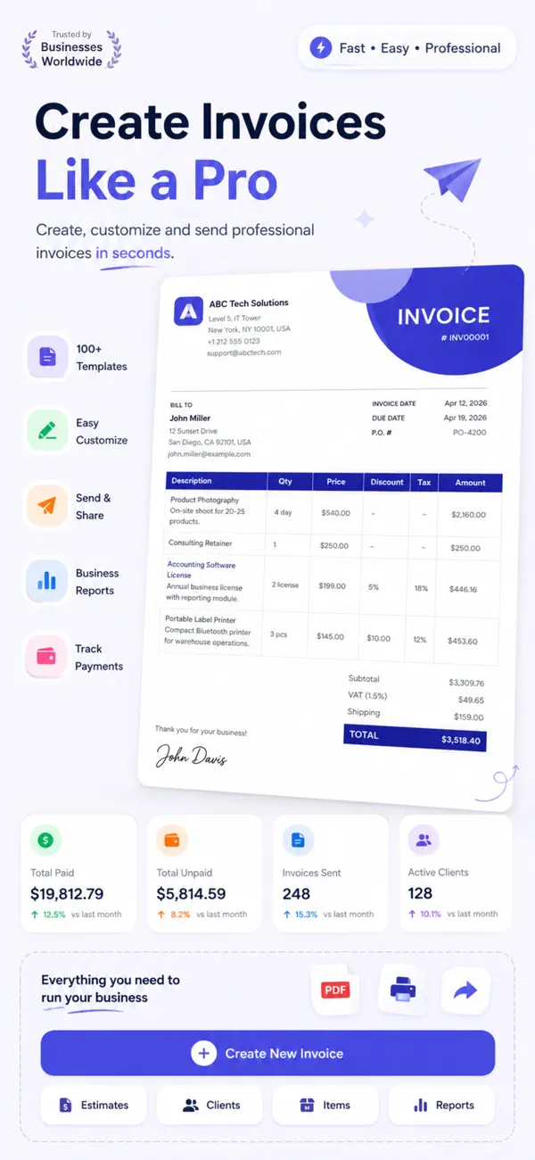 PocketInvoice overview: invoice preview, feature list and payment dashboard