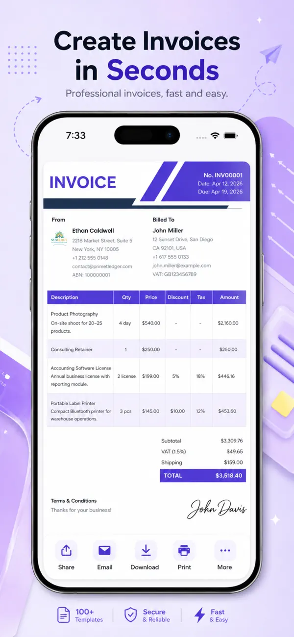 Professional invoice created in seconds with share, email, download and print actions