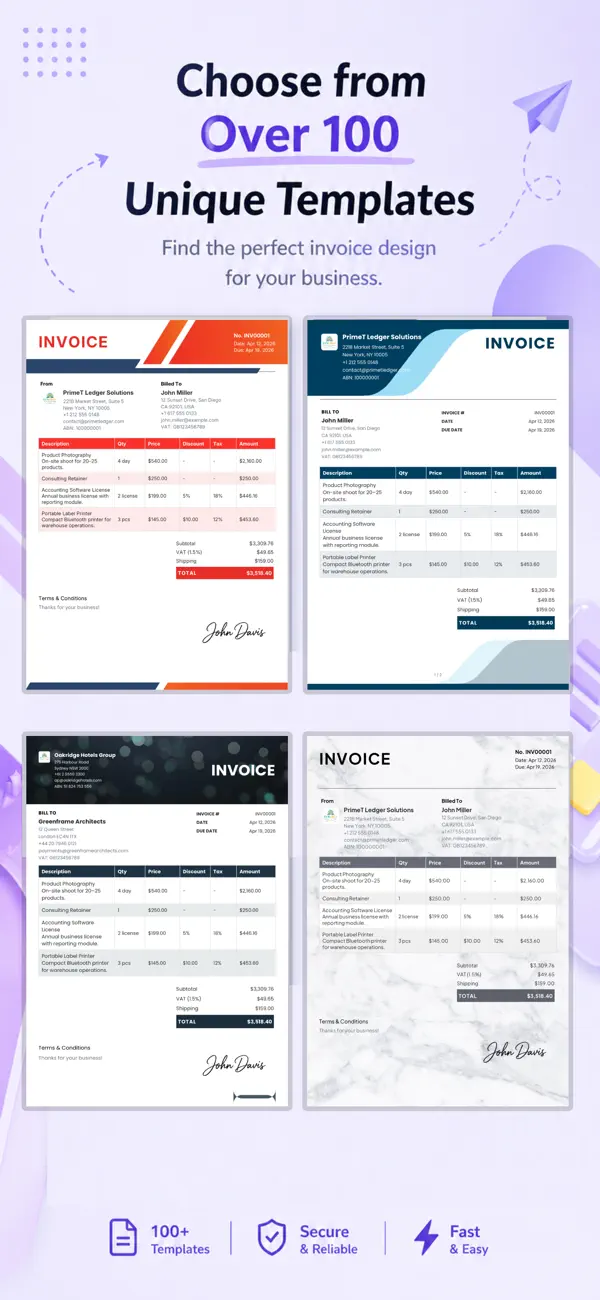 Choosing from over 100 unique invoice templates in PocketInvoice
