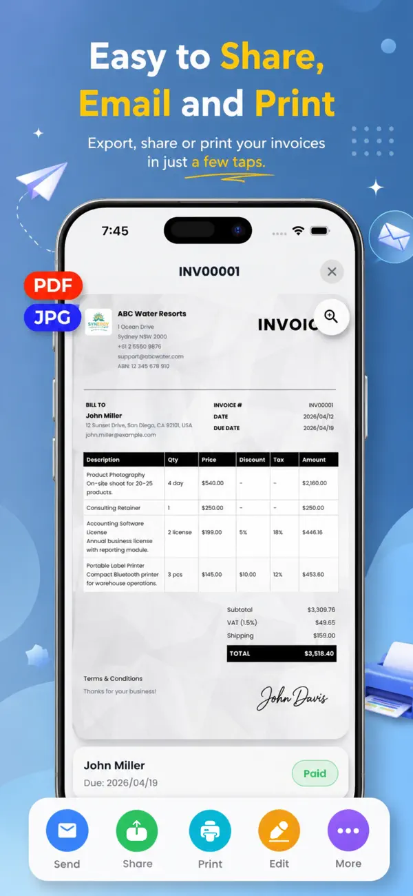 Sharing an invoice as PDF or JPG by email, print or any app