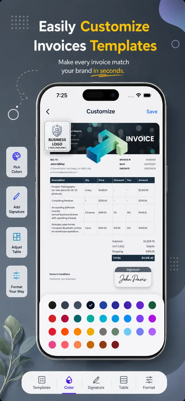 Customizing invoice templates with logo, brand colors, signature and table styles