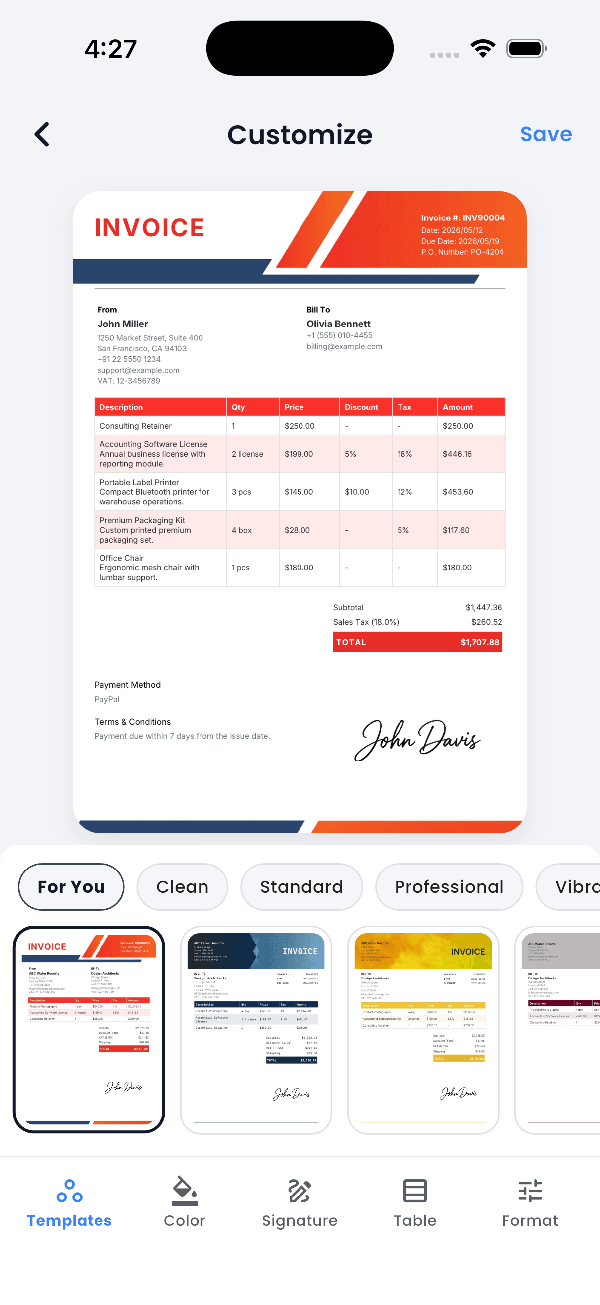 PocketInvoice App - Templates