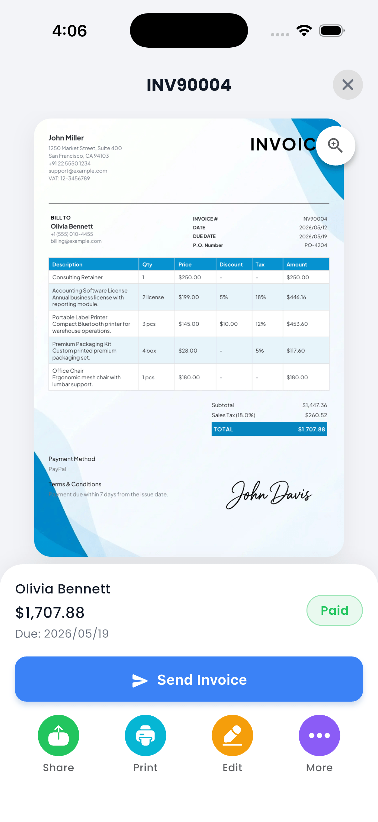PocketInvoice App - Create Invoice